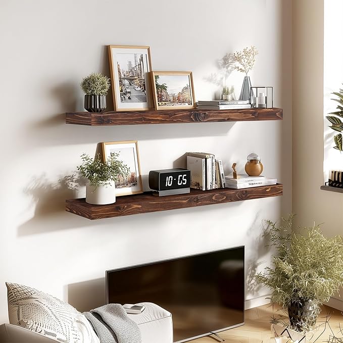 48x6.8x2in Floating Shelf – Natural Brown Solid Wood Rustic Mounted Shelf – Heavy Duty Decorative Storage for Living Room, Kitchen, Bathroom, Bedroom