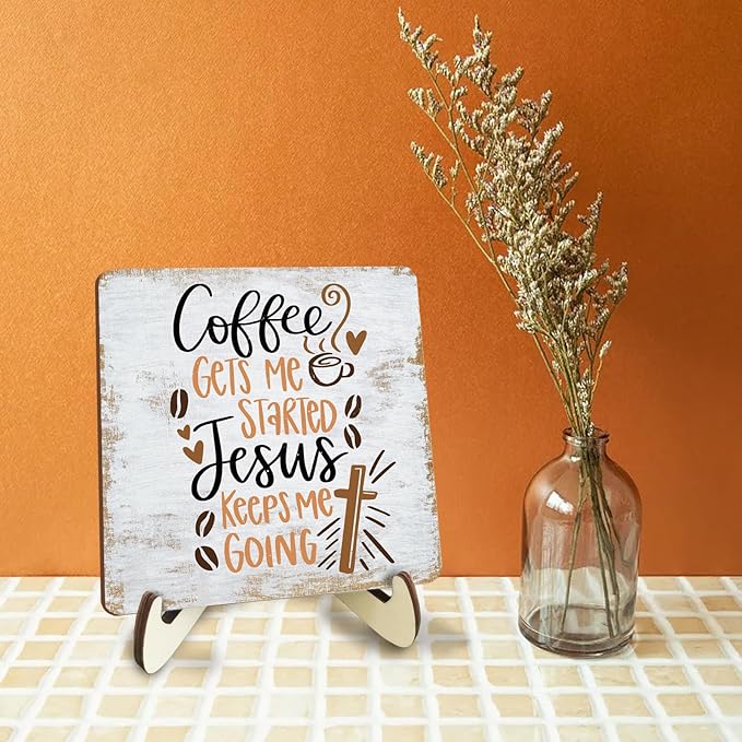 Inspirational Coffee Sign Rustic Desk Decor Decorative Christian Religious Bible Verse Faith Decoration for Home Farmhouse Bedroom Office Coffee Bar Table Shelf Tiered Tray Plaque with Wood Stand