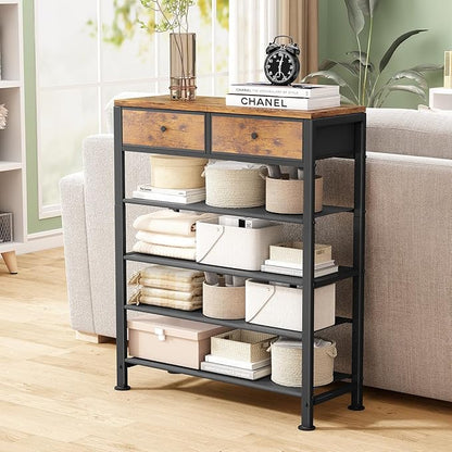 Kitstorack Shoe Rack, 5 Tier Shoe Organizer for 12-16 Pairs of Shoes, with 2 Drawers, 3 Fabric Shelves and Wooden Top, Shoe Rack for Closet Entryway, Rustic Brown
