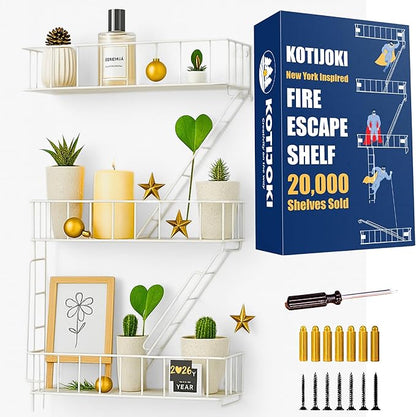 Fire Escape Wall Shelf – New York Decorative Floating Shelf – Wall Art Ladder Shelf – White Metal Trinket Shelves for Bedroom, Living Room, Home, Storage and Display (3-Tier)