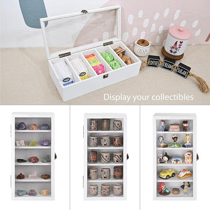 Ikee Design Wall Mounted Wooden Collectible Shadow Box Display Case 5 Shelf Display Shot Glass Storage Accessories with Tempered Glass Door, Wash White Color