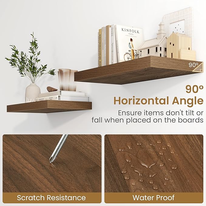 Fun Memories Floating Shelves 24 Inch Long, 9.3 Inch Deep Floating Shelf for Lving Room, Bedoom, Kitchen, Deep Wall Shelves for Bathroom, 2 Pack Storage Display Shelf for Books, Decors, Walnut