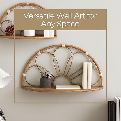 Set of 2 Arched Flower Decorative Wall Shelves – Boho Home Decor Floating Display Shelf – Metal & Wood Modern Wall Shelves for Office, Bedroom & Living Room – 11" & 13", Brown