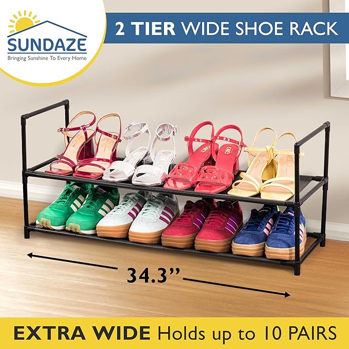 Sundaze Shoe Rack - 2 Tier Shoe Rack for Front Door Entrance, Sturdy Long Shoe Organizer for Closet, Bedroom, Entryway, Garage, Non Woven Fabric Shelf, Black, Holds Up to 10 Pairs
