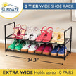 Sundaze Shoe Rack - 2 Tier Shoe Rack for Front Door Entrance, Sturdy Long Shoe Organizer for Closet, Bedroom, Entryway, Garage, Non Woven Fabric Shelf, Black, Holds Up to 10 Pairs