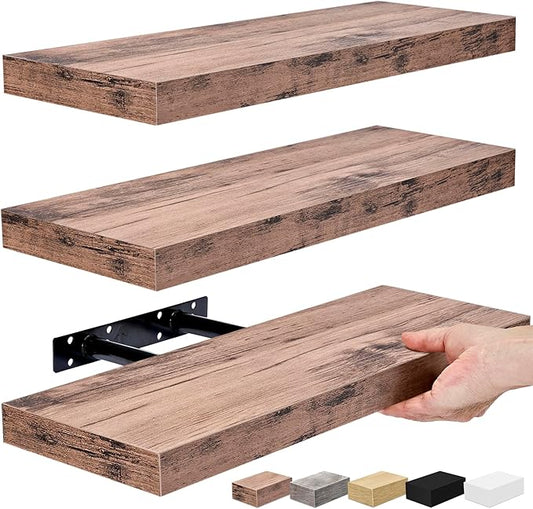 Sorbus Floating Shelves for Wall – 16 Inch Floating Shelf for Kitchen, Bedroom, Living Room, Bathroom, Home & Wall Decor - Mounted Bathroom Shelves with Invisible Brackets (Mahogany, 3 Pack)