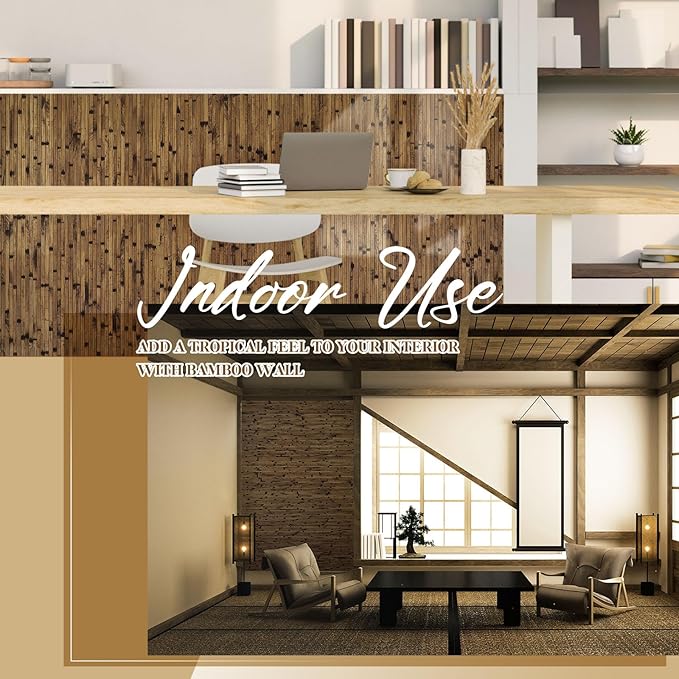 Juexica 2 Pcs Natural Bamboo Wall Panel for Interior Wall 48''x96'' Bamboo Covering Renewable Pole Wainscoting Room Divider Wrap Decor for Bedroom Living Room Kitchen Island Office (Dark Burned)