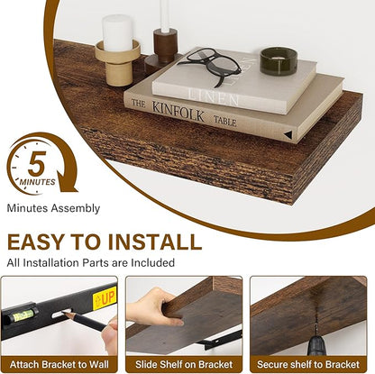 40 Inch Floating Shelves Set of 2, 8 Inch Deep Wall Shelf, Rustic Wood Storage Shelves for Bedroom, Kitchen, Bathroom, Wall-Mounted Shelf with Invisible Brackets for Books|Storage, Rustic Brown