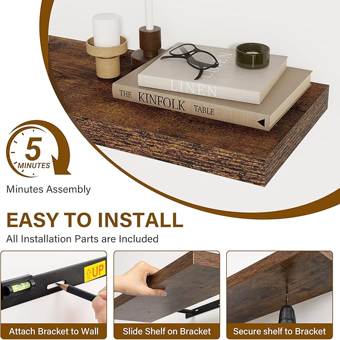 72 Inch Floating Shelves 2 Pack, 8 Inch Deep Floating Shelf Wall Mounted, Large Shelves with Invisible Bracket for Books, Rustic Wood Wall Shelf for Bedroom, Kitchen, Living Room, Rustic Brown
