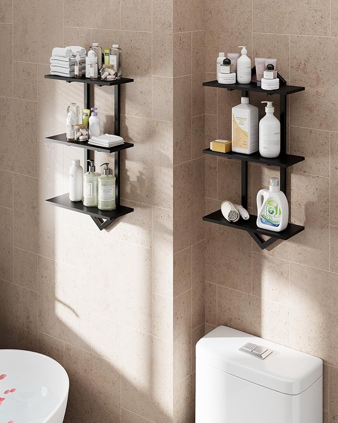 3 Tier Floating Shelves, Set of 2 Wall Shelves for Living Room, Modern Geometric Wooden Shelf for Wall Decor, Hanging Storage Shelf for Bedroom Bathroom Kitchen Home Office (Black)