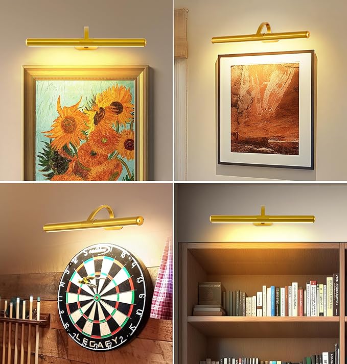 Joossnwell 16.54 Inch Touch Control Picture Light, Gold Rechargeable Battery Wall Sconce, Magnetic 3 CCT Dimmable Art Display Lamp for Large Painting, Dartboard, Portrait and Reading