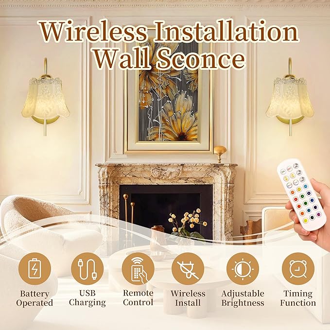 Vintage Battery Wall Sconce with Flower lampshade,Rechargeable Battery Powered Wall Lights,Wall lamp with 15 Colors for Bedroom Living Room Home Decor (milky white Rose, 2 Light Battery Operated)