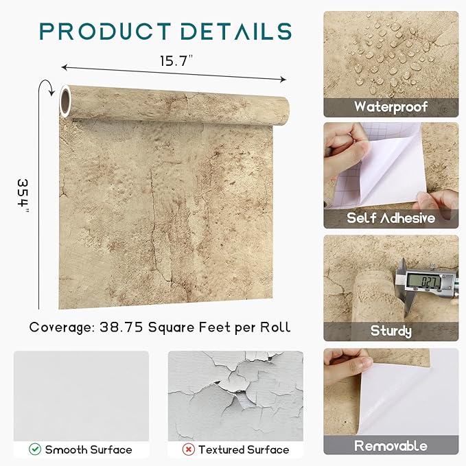 VEELIKE 15.7''x354'' Aged Concrete Wallpaper Textured Tan Concrete Peel and Stick Wallpaper for Bedroom Living Room Accent Wall Removable Adhesive Concrete Contact Paper for Walls Countertops Renter