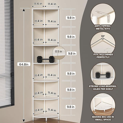 7 Tier Corner Shelf Stand Kitchen Organizer with Metal Frame for Organization & Storage Corner Shelves Kitchen Decor Accessories Marble White 64.7"