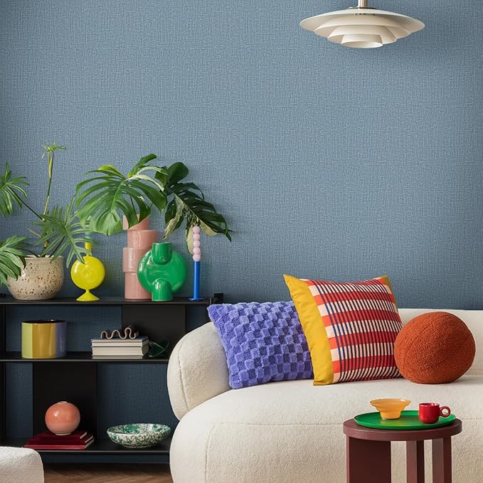 WADILE Grasscloth Peel and Stick Wallpaper 15.7in x 78.7in, Textured Contact Paper for Cabinets, Faux Linen Wall Paper Pull and Stick, Fabric Vinyl Wallpaper Self Adhesive Navy Blue