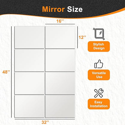 Delma Frameless Mirror Tiles 16"x12"x8 Pcs Wall Mounted, Shatter Resistant Full Length Tempered Glass Panels for Home Gym Bathroom Bedroom & Living Room Decor