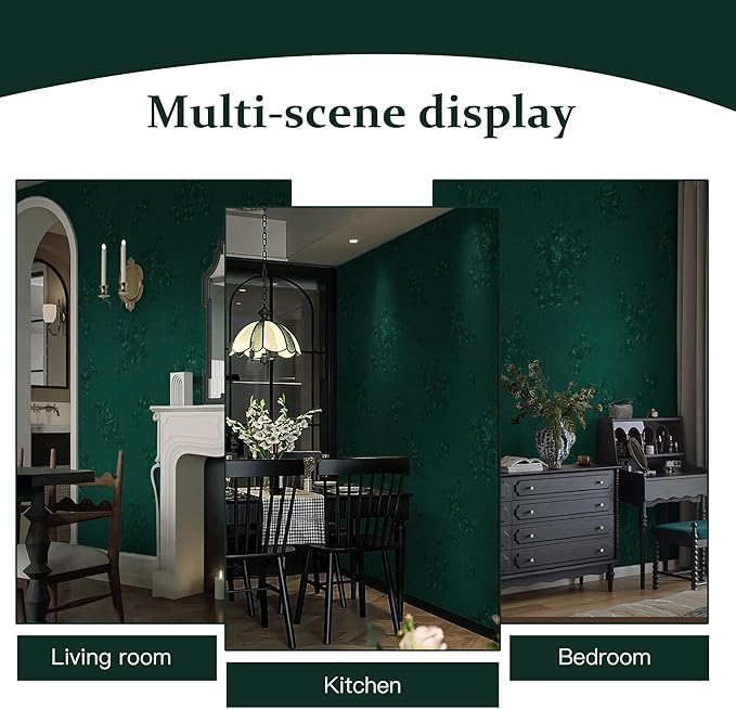 Dimoon 17.7''x236.2''Green Peel and Stick Wallpaper Gothic Floral Wall Paper Contact Paper Closeout Renter Friendly Modern Self Adhesive(236.2''x17.7'', Blackish Green Floral Textured)