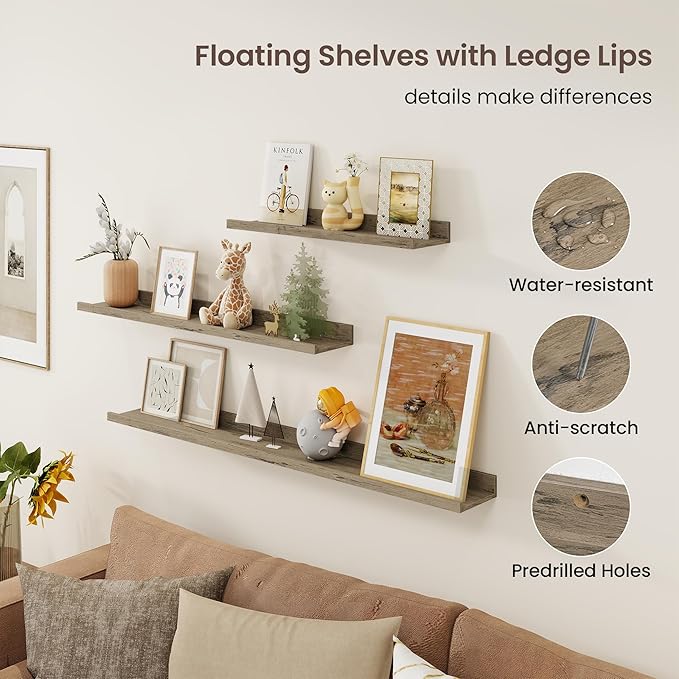 Axeman 40 Inch Floating Shelves | Grey Picture Ledge Shelf Set of 3 | Rustic Grey Wood Wall Shelves with Lip | 40