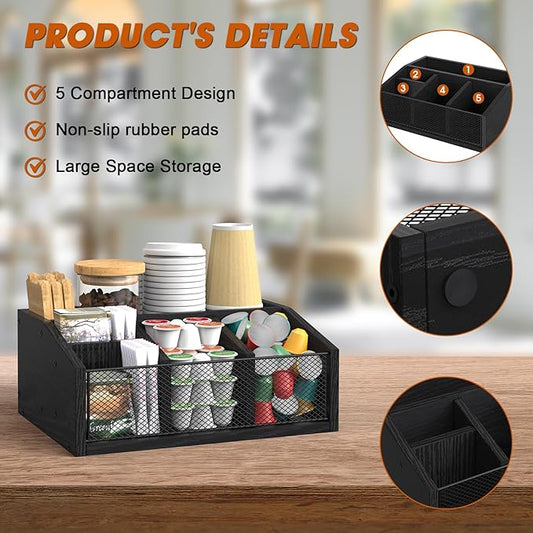 Coffee Station Organizer, Coffee Bar Organizer for Countertop, Coffee and Tea Condiment Storage Organizer, 5 Compartments Coffee Bar Accessories and Organizer, Black, Wooden (Black)