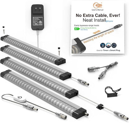 LED Under Cabinet Lighting Touch Under Counter Lights for Kitchen Built-in Adjustable Cable No Messy Wires! 4 Panel Cabinet Light 6500K 1800Lm Super Bright for Garage Pantry Closet Timer Smart Plug