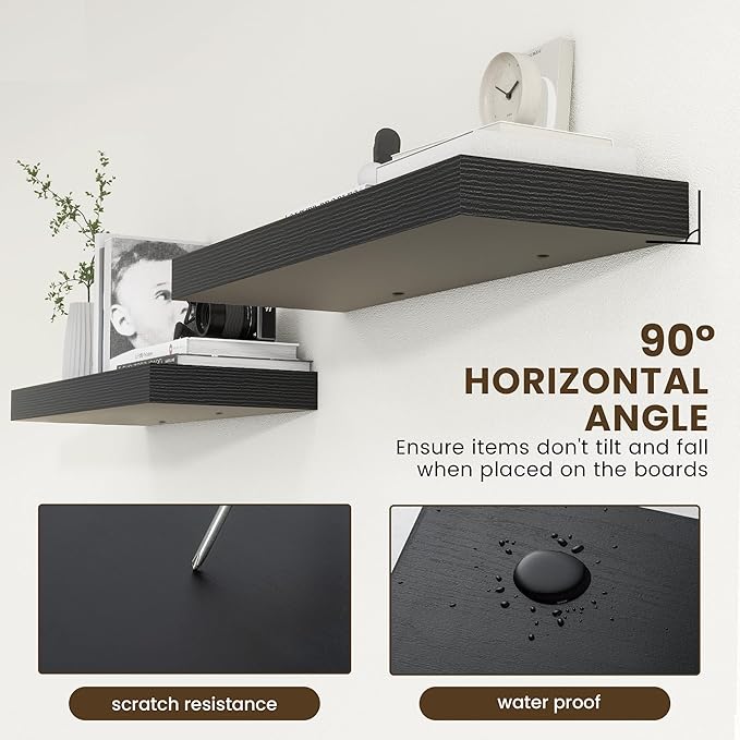 Deep Floating Shelves | 36 Inch Black Floating Shelves Set of 2 | 12 Inch Deep Rustic Wood Shelves for Wall | 36