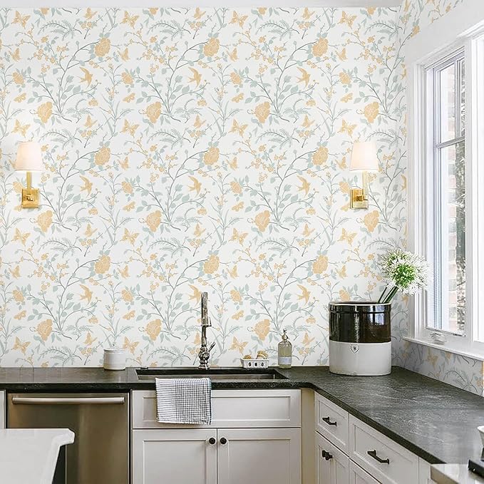 Vintage Wallpaper Floral Peel and Stick Wallpaper Boho Light Blue and Yellow Wall Paper Bird Botanical Contact Paper for Cabinets Renter Friendly Self-Adhesive Bathroom Bedroom 1.44' x 32'