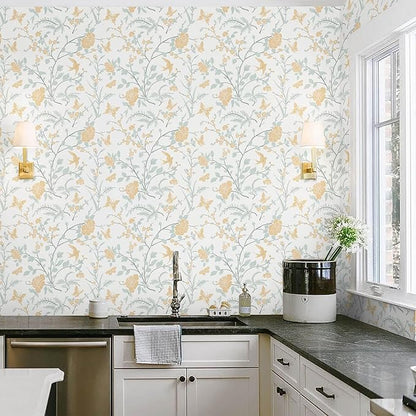 Vintage Wallpaper Floral Peel and Stick Wallpaper Boho Light Blue and Yellow Wall Paper Bird Botanical Contact Paper for Cabinets Renter Friendly Self-Adhesive Bathroom Bedroom 1.44' x 32'
