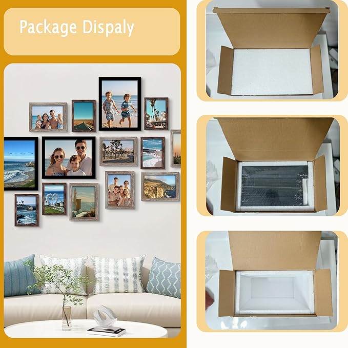 BESCRCL 15 Pack Real Glass Picture Frames Collage Wall Decor, Including 3pcs 8x10 Black, 6pcs 5x7 Light Brown, 6pcs 4x6 Brown, Photo Frames Set for Gallery Wall or Tabletop Display