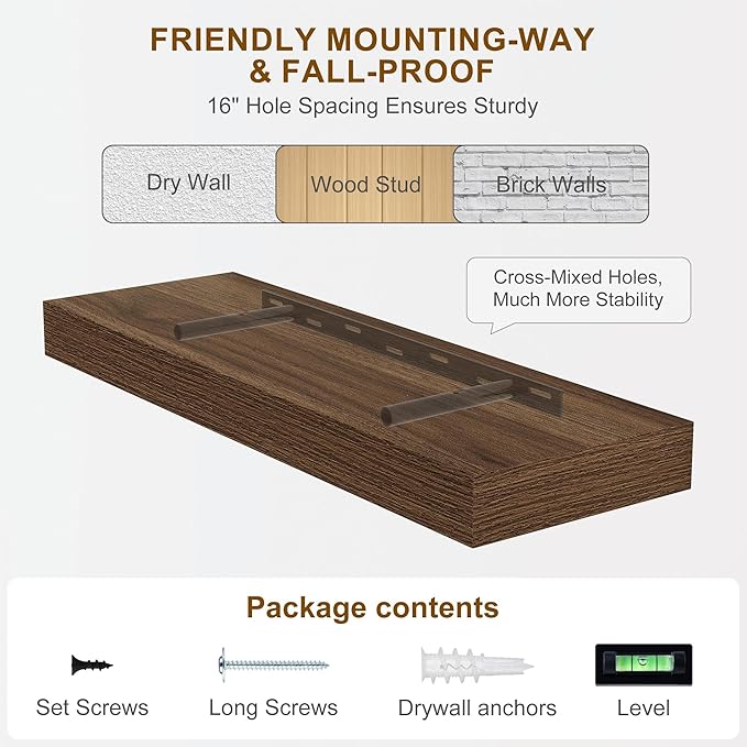 Fun Memories 72 Inch Floating Shelves, Wall Mounted Rustic Wood Floating Shelf with Invisible Brackets for Storage & Decor, 2 Pack Shelves for Bathroom,Bedroom and Kitchen, Walnut