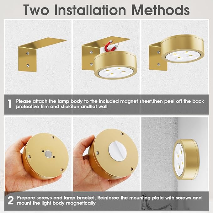 Picture Lights for Wall, 3 Lighting Modes Magnetic Art Display Light,Battery Operated Led Painting Light with Remote Control Dimmable & Timer,3Pack Gold