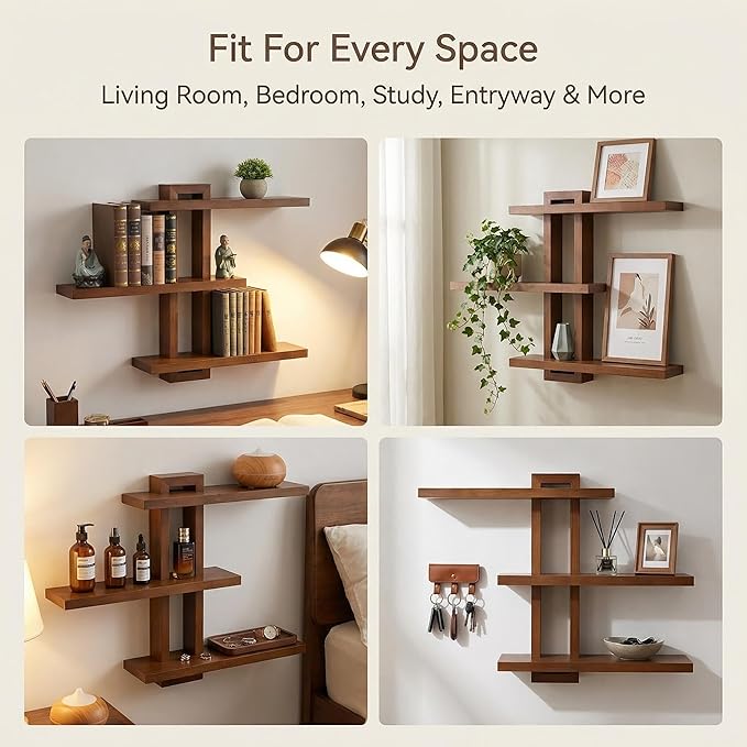 Variable Floating Shelves Wood Set of 3, Cube Wall Mounted Shelves 28.35" Max, Wall Shelves for Living Room Bathroom Bedroom Farmhouse - Light Walnut Color - 28.35" x 23" x 4.3" Max