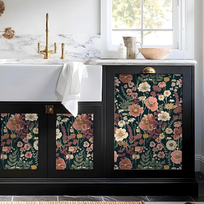EchoSphere 16.9in x 197in Floral Peel and Stick Wallpaper Boho Vintage Floral Wall Paper Removable Flower and Leaf Contact Paper Self Adhesive Decorative Wallpaper for Cabinets Accent Wall Covering