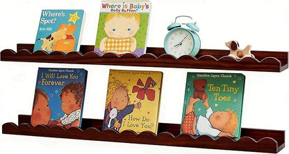 Walnut Scalloped Book Shelf, Dark Wood Nursery Book Shelves Set of 2 Pine Wooden Floating Bookshelf for Wall Cloud Picture Ledge Shelf for Kids Bedroom Baby Child Toddler Room Kitchen(90cm)