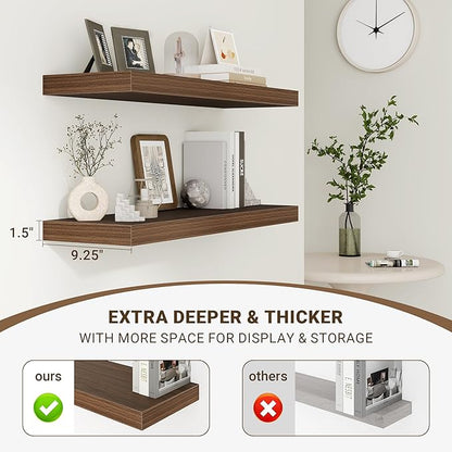 32 Inch Floating Shelves, 3D Textured Wood Grain, 32"x9.25"x1.5" Inch Deep Floating Shelves for Wall, Wooden Shelves for Bathroom, Bedroom, Living Room, Walnut, 2 Pieces