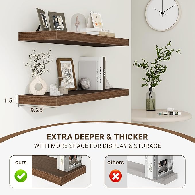 72 Inch Floating Shelves, 3D Textured Wood Grain, 72"x9.25"x1.5" Inch Deep Floating Shelves for Wall, Wooden Shelves for Bathroom, Bedroom, Living Room, Walnut, 1 Piece