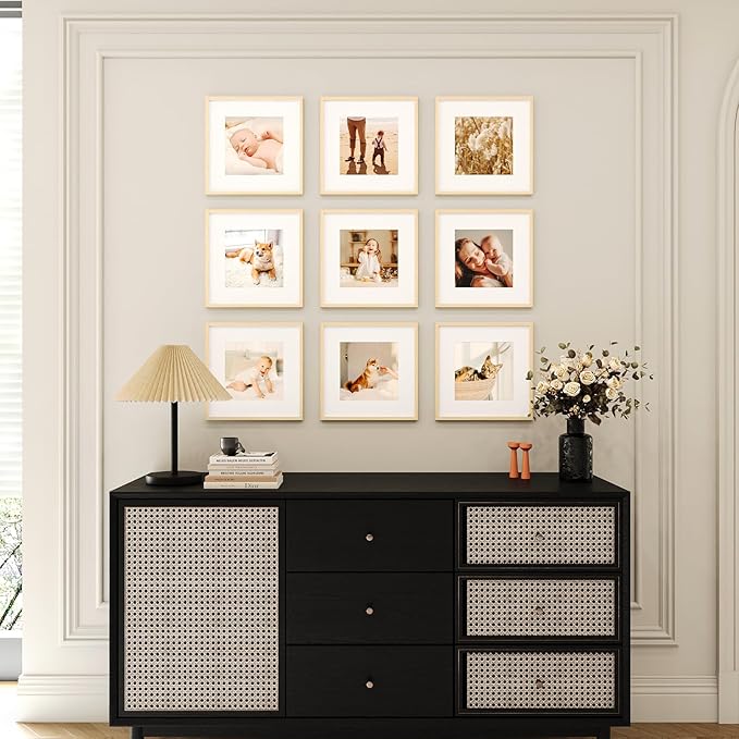 10x10 Picture Frame Set of 9, Display Pictures 8x8 with Mat or 10x10 without Mat, Multi Collage Gallery Square Photo Frames for Wall or Tabletop, Natural Wood