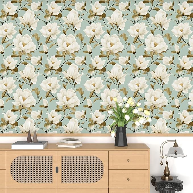 Modern Green White Flowers Wallpaper Blue Floral Peel and Stick Contact Paper 17.5