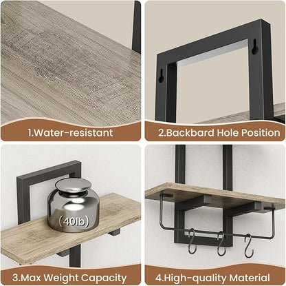 Floating Shelves, 15" Wall Shelf Set of 2, Hanging Bathroom Shelves 2-Tier, Wall Mounted Storage Shelves, for Living Room Bedroom Bathroom Kitchen Office Coffee Bar, Greige