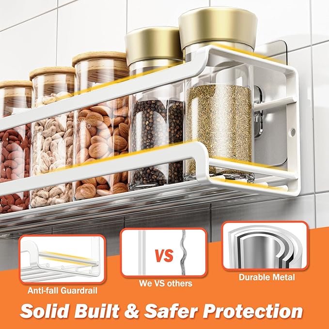 Spice Rack wall mounted 2 Pack, Space-Saving Spice Organizer for Spice Jars and Seasonings,Screw or Adhesive Hanging Spice Rack Organizer for Your Kitchen Cabinet,or Pantry Door,White