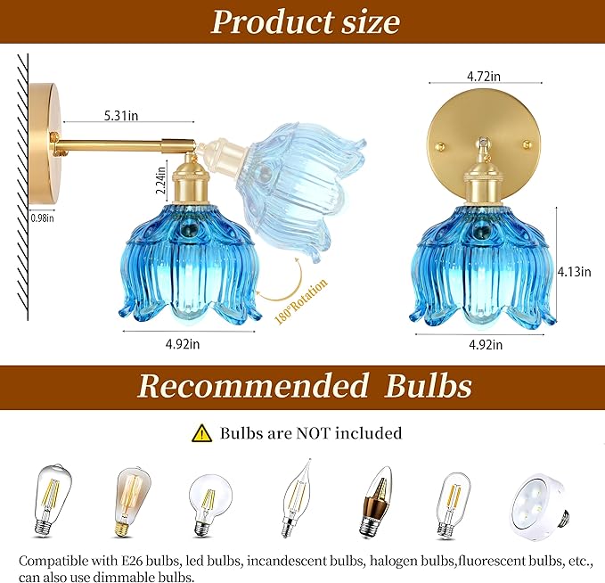Vintage Battery Wall Sconce with Flower lampshade,Rechargeable Battery Powered Wall Lights,Wall lamp with 15 Colors for Bedroom Living Room Home Decor (Flower Blue, 1 Light Battery Operated)