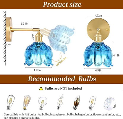 Vintage Battery Wall Sconce with Flower lampshade,Rechargeable Battery Powered Wall Lights,Wall lamp with 15 Colors for Bedroom Living Room Home Decor (Flower Blue, 1 Light Battery Operated)