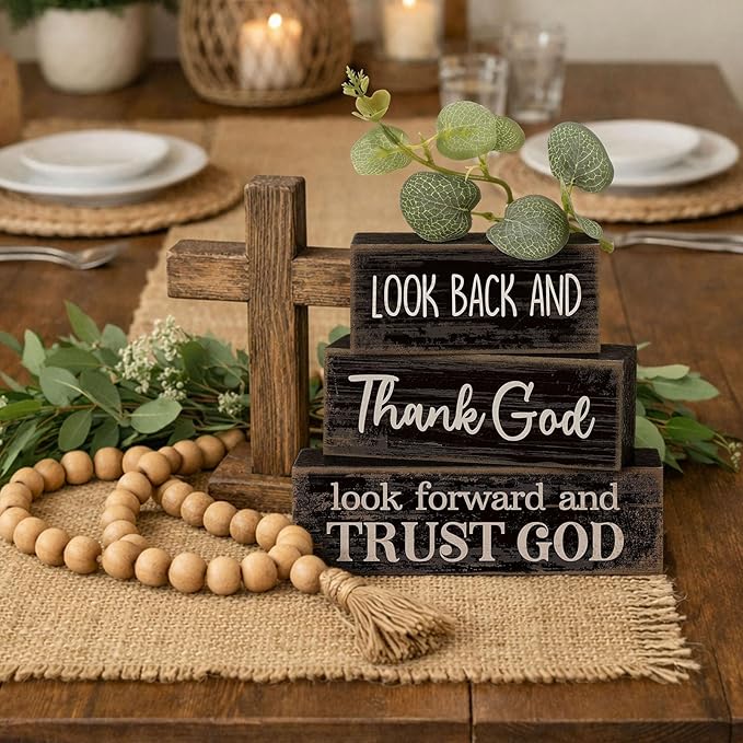 4 Pcs Christian Table Decor Inspirational Gifts for Women Look Back and Thank God Look Forward and Trust God Wooden Block Signs Farmhouse Christian Centerpiece for Mother's Day Home Office