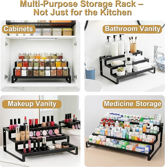 3-Tier Spice Rack Organizer for Cabinet, Expandable Kitchen Organizer 14.4 to 26.1 Inch Seasoning & Pantry Organizer for Countertop, Metal Non-Skid Step Storage Shelf for Condiments, Oils, Cans, Jars