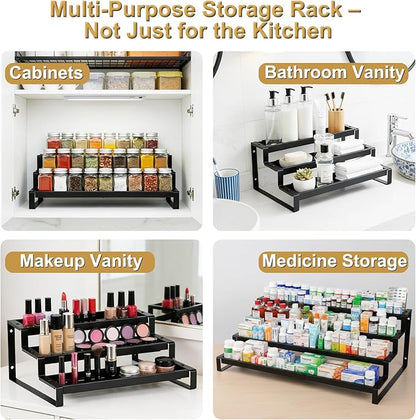 3-Tier Spice Rack Organizer for Cabinet, Expandable Kitchen Organizer 14.4 to 26.1 Inch Seasoning & Pantry Organizer for Countertop, Metal Non-Skid Step Storage Shelf for Condiments, Oils, Cans, Jars