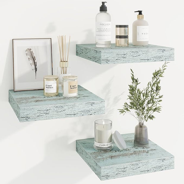 Marsmiles Square Floating Shelves for Wall, 12" W x 12" D x 1.5" H, 3 Pack Small Wall Mounted Engineered Wood Shelves with Invisible Brackets for Living Room, Bedroom, Bathroom, Kitchen Decor, Blue