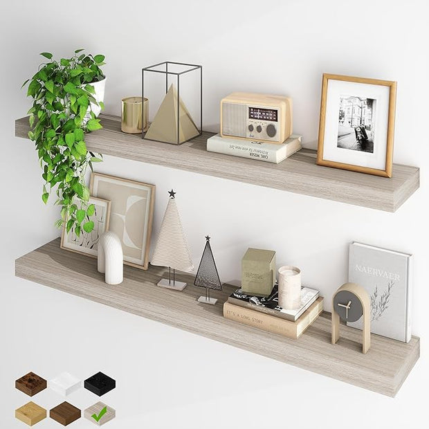 Fun Memories Floating Shelves for Wall, 48Inch Long Floating Shelves Set of 2, Hanging Shelf with Invisible Brackets, Wood Shelves for Living Room, Bedroom, Kitchen, Grey