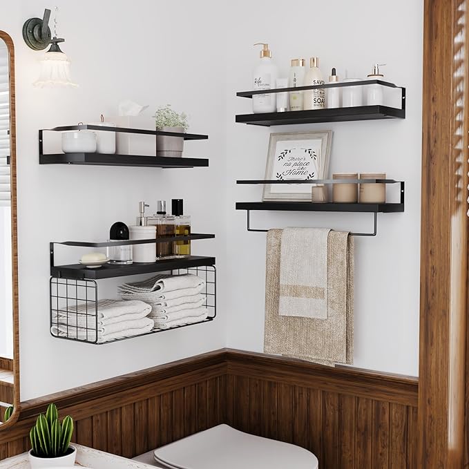Black Wood Floating Shelves Wall Mounted - 3+1 Tier Rustic Bathroom Wall Shelves Over Toilet with Wire Storage Basket and Towel Bar, set of 4 Farmhouse Floating Shelf for Bathroom, Kitchen, Bedroom.