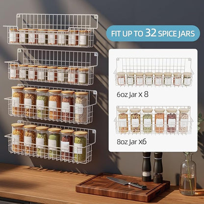 Spice Rack, 4-Pack Seasoning Organizer Wall Mounted for Kitchen Storage Organization, Metal Spice Holder Shelf for Cabinet, Pantry, White