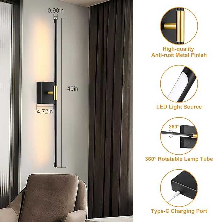 40 Inch Battery Operated Wall Sconce Set of Two, Dimmable Wall Sconces with Remote Control, Black Gold Rechargeable Sconces, Modern Wireless Wall Lights for Bathroom, Bedroom,Living Room