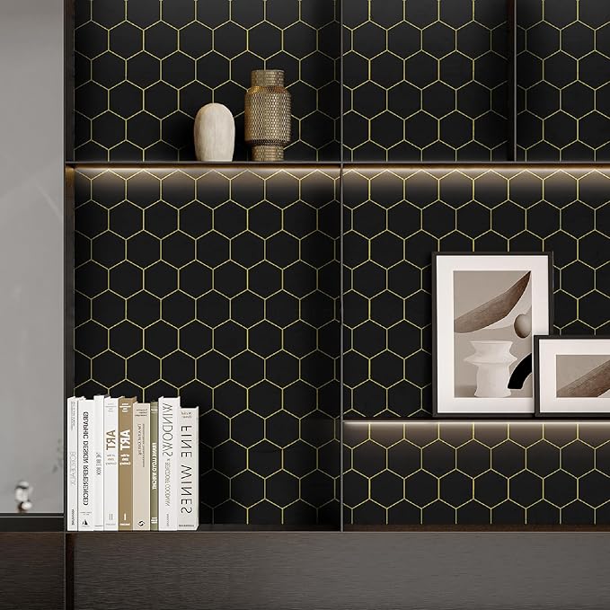 Black Geometric Wallpape Peel and Stick Wallpaper Gold and Black Contact Paper 17.3”×78.7”Decorative Shelf Drawer Liner Roll Waterproof